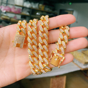 Collier cubain Miami pour homme - Chaîne à maillons cubains style hip-hop avec strass, plaqué or et argent, chaîne lourde - Product Image 3