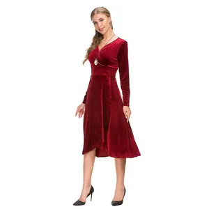 ขายร้อน Elegant ชุดราตรีชุดราตรีผ้ากำมะหยี่ยาวแขนยาว V คอ bodycon MIDI Dress สำหรับผู้หญิง