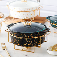 Nouvelle marmite à soupe ronde créative en céramique blanche et noire à double anse avec support métallique, chauffe-plat, marmite pour la restauration