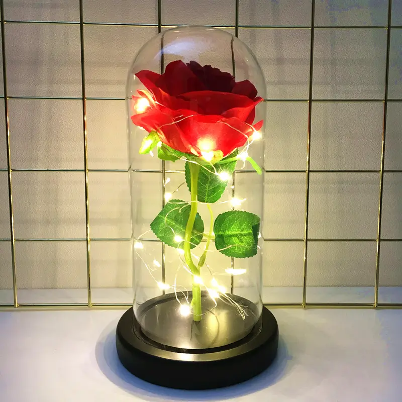 Rosa de flor dourado personalizado para sempre, domo de vidro com luz para ação de graças, presente do dia dos namorados para sempre