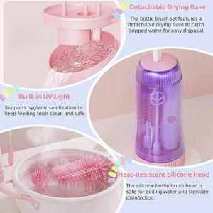 Ensemble de brosses électriques portables en silicone 7-en-1 avec lumière UV, chargement USB, nettoyeur de tétines/pailles, mélangeur de lait et étui de rangement - Product Image 6