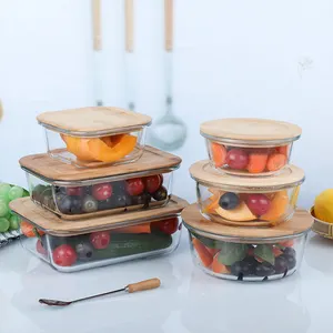 Стеклянные контейнеры для хранения еды без бисфенола А с бамбуковыми крышками, герметичный контейнер для хранения еды для кухни