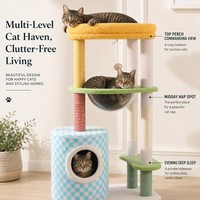 Mehrstöckiger 4-Ebenen Katzenbaum mit Sisal-Kratzstämmen, Plüschliegeplatz und Hängespielzeug – Buntes Schachbrettmuster-Möbelstück