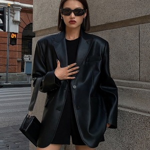 Manteau Streetwear Vintage Automne Hiver <span class=keywords><strong>en</strong></span> Faux Cuir, Longues Manches, Veste Décontractée à Revers et Boutonnage Simple <span class=keywords><strong>pour</strong></span> <span class=keywords><strong>Femme</strong></span> - Product Image 2