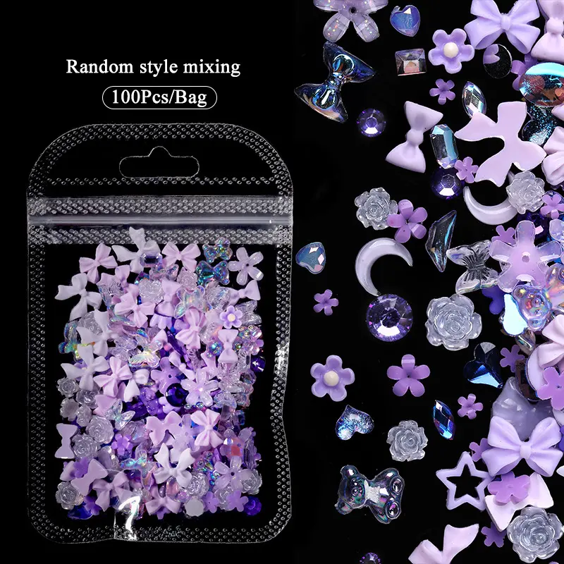 100 Stück 3D gemischte Nageldekoration Herz Bär Bogen Band Nagel Strass Blume Schmetterling Perlendesign Nagelkunst Reize Schmuck