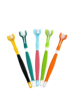 Cepillo de dientes de silicona suave para mascotas, 3 cabezales, juguete para masticar para gatos y perros, venta al por mayor