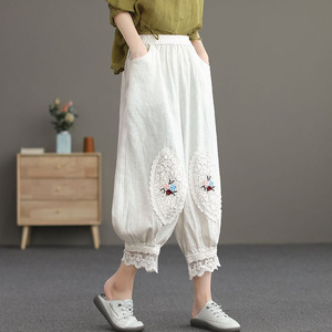 Harem Pants Cotton Linen Cropped With Lace Embroidery Floral Applique Women's Casual Pants Mid Waist Breathable Summer Style - Product Image 1