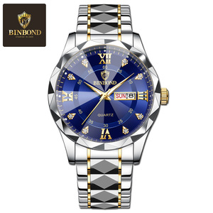 Binbond Men's Quartz Watch Stainless Steel Band Blue Dial Diamond Markers Dual Calendar Water Resistant 30M - Product Image 5