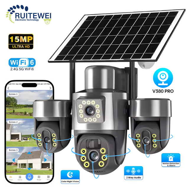 30MP 4G Sim Card V380 PRO WIFI Three Lens Solar Wireless Cameras Outdoor CCTV PTZ Surveillance Outdoor Network Security Camera