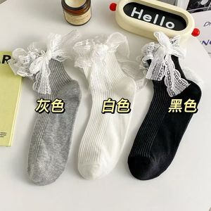 Women Ankle <b>Socks</b> White <b>Black</b> Gray Lace Bow Breathable Polyester Fiber Sweat Absorbing Solid Color Youth 18 40 Years Old - Product Image 3