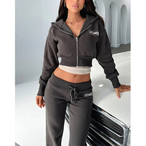 Felpa a maniche lunghe con Logo personalizzato da donna <span class=keywords><strong>tuta</strong></span> da Jogger con cerniera Crop felpa da donna Set di abbigliamento sportivo in due pezzi - Product Image 3