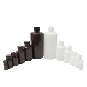 Frasco de reagente PP de boca estreita e larga redondo para laboratório químico tamanho completo branco marrom 30ml 60ml 125ml 250ml 500ml 1000ml