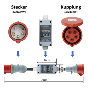 Adaptador de acoplador CEE trifásico 32A (22kW) macho a 16A (11kW) con disyuntor <span class=keywords><strong>C16</strong></span>, adaptador de alta corriente de 5 pines IP44 - Product Image 3