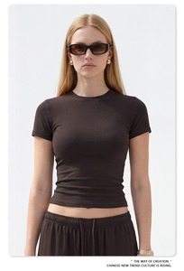 T-shirts courts slim pour <span class=keywords><strong>femme</strong></span>, 200 grammes, 90 % coton, 10 % élasthanne, collection 2026, en stock, impression de logo personnalisée - Product Image 4