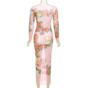 ชุดเดรสแม็กซี่รัดรูปแขนยาวพิมพ์ลายดอกไม้ผ้าเนื้อบาง - Product Image 6