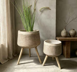 Modern Rattan Flower <b>Pots</b> with Wood Legs Minimalist Indoor Planters Set of 2 for Green Plants - Product Image 1