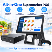 Système de terminal de point de vente tout-en-un de 15,6 pouces avec imprimante de reçus de 80 mm, lecteur de codes-barres sans fil, tiroir-caisse pour caisse de supermarché