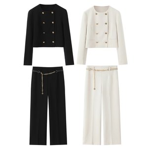 Otoño nueva <span class=keywords><strong>mujer</strong></span> estilo americano Simple versátil manga larga <span class=keywords><strong>traje</strong></span> de doble botonadura <span class=keywords><strong>chaqueta</strong></span> pantalones con decoración de botones - Product Image 1
