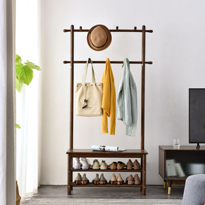 Shoe <b>Rack</b> With Coat Hanger Solid Wood Entryway Storage <b>Bench</b> For Shoes And Clothes Multifunctional Standing Furniture - Product Image 4