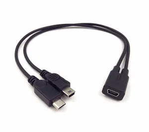 工厂迷你USB 5针母对迷你usb 5针公 + 微型USB公Y分离器1至2转换器充电电缆30厘米