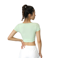 Pakaian Olahraga Wanita Lengan Pendek Cepat Kering dan Bernapas untuk Musim Panas, Kaos Lari Fitness, Yoga Elastis Modis, Seksi, dan Ramping