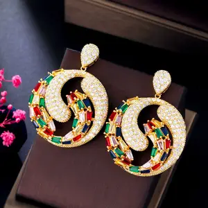 Fashion Bold Jewelry Cubic Zirconia Indian Gold Color Women's Statement Large Exaggerated Drop Nigeria Big Earrings for Bridal