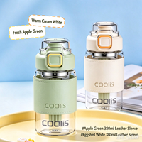 COOLIS Botol Air Kaca dengan Tutup Pop Up 380ml Cangkir Teh Borosilikat Tinggi dengan Sarung Kulit Tahan Bocor Cangkir Minum Portabel