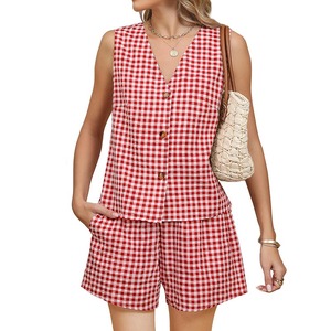 Annshine 2026, Ropa de Verano para <span class=keywords><strong>Mujer</strong></span>, Estilo Europeo y Americano, Conjunto Corto para Vacaciones, <span class=keywords><strong>Chaleco</strong></span> a Cuadros de <span class=keywords><strong>Lino</strong></span> y Pantalones Cortos, Dos Piezas - Product Image 2