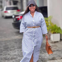Nouvelle Robe Cardigan Rayée Décontractée Africaine Grande Taille pour Femme à Manches Trois-Quarts et Col Chemise – Tendance