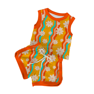 Set di <span class=keywords><strong>Abbigliamento</strong></span> Estivo Personalizzato per Bambine, Due Pezzi Senza Maniche, Canotta e Pantaloncini con Stampa Floreale e Sorriso - Product Image 5
