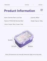 Boîte à lunch bento 800 ml pour enfants, en plastique et acier inoxydable 304, 2 compartiments, motif dessin animé, pour la maison