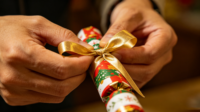 Boîte cadeau de Noël avec sapin rouge, flocon de neige, clochette et crackers de Noël, 6 bonbons classiques de Noël avec imprimé festif