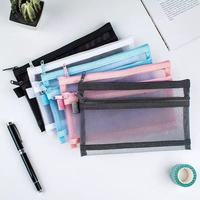 Trousse à crayons simple en tissu maillé transparent double couche, grande capacité, pour examens et rangement de fournitures scolaires, couleur personnalisable moderne