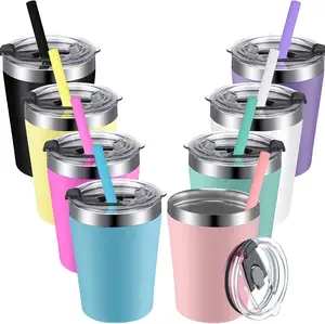 Tasses sous vide à Double paroi en acier inoxydable pour enfants, tasse à café avec paille en Silicone et couvercle, vente en gros, 8oz, 12oz