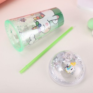 Lovely 450ml Rainbow Mane Unicorn Themed Double Wall Plastic Straw Tumbler with <b>Decorative</b> Silver Sequin Filled Dome <b>Lid</b> - Product Image 6