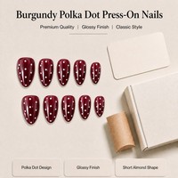 H002-22 Kaixin Grosir Kuku Palsu Pendek Bentuk Almond Warna Merah Anggur Putih Polkadot Mengkilap Retro