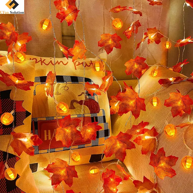 Fall Decor Garland with Pumpkin Lights & Enlarged Maple String Rechargeable LED Lights Pumpkins Lights Fall Decorations for Home