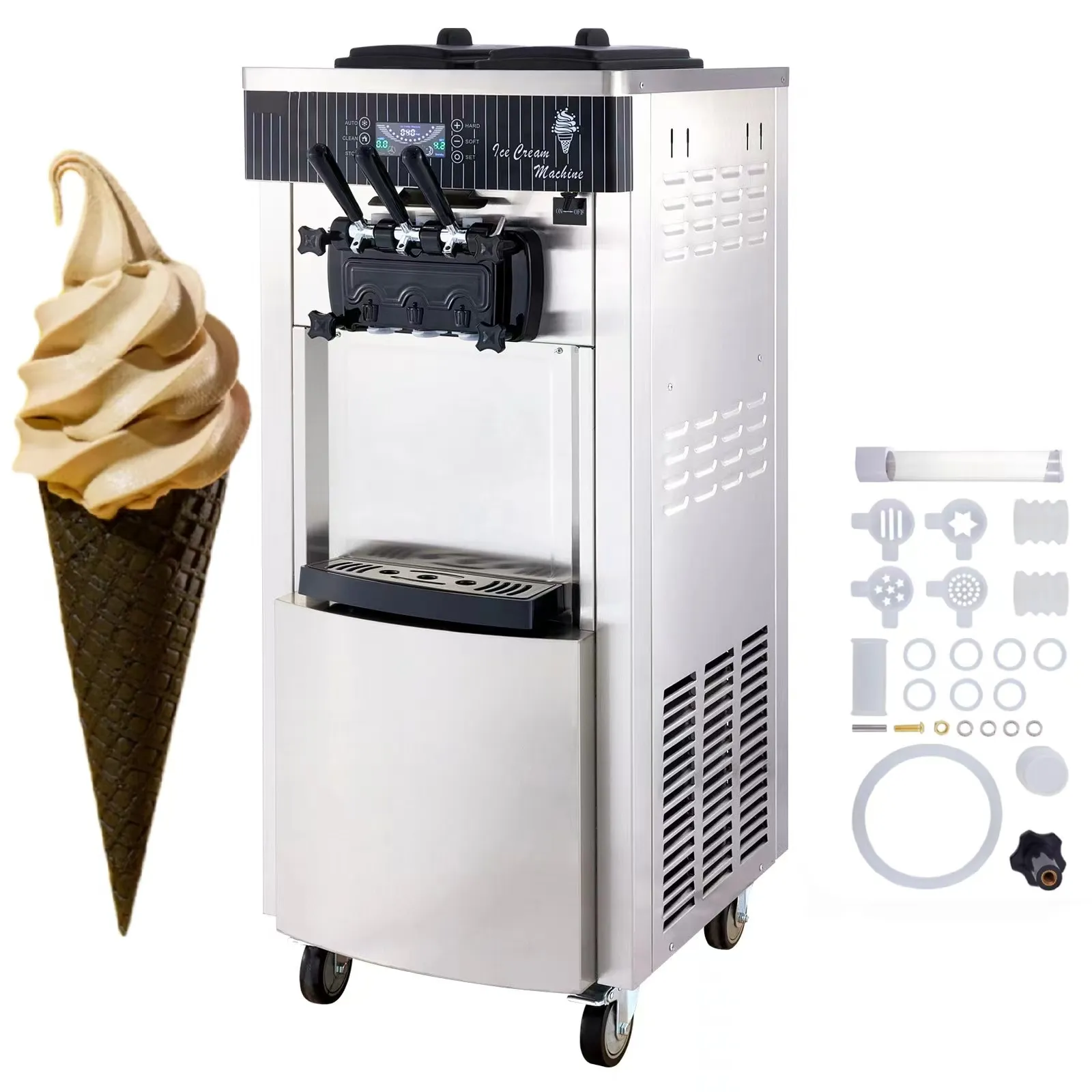 เครื่องทำไอศกรีม YKF-8228แบบนิ่ม2200W เครื่องทำไอศกรีมแบบยืนพร้อมหน้าจอ LED ทำความสะอาดอัตโนมัติ