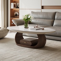 Table basse ovale moderne pour petit appartement, en bois massif avec plateau en dalle de roche, rangement intégré, mobilier de salon design, luxe léger