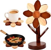Sous-plats en bois pour plats chauds, sous-plats en forme de tournesol avec support de rangement en bois d'hévéa, ensemble de sous-plats en bois de caoutchouc