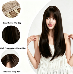 <b>Long</b> Straight Black <b>Wig</b> With Bangs Full Head Natural Everyday Style No Wake Up Required High Temperature Wire Hair Women's <b>Wig</b> - Product Image 5