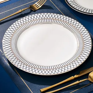 Set alat makan keramik porselen mewah keramik kualitas tinggi piring makan malam porselen putih bulat
