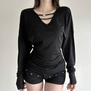 Coquette Style V-Neck <b>Top</b>-Breathable <b>Compressed</b> Knitted Fabric Delicate Bead Accent Slim-Fitting Figure-Flattering Smocked Waist - Product Image 1