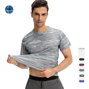  Camiseta solta masculina esportiva para treinamento, de academia, camuflagem de secagem rápida, respirável, manga curta, para o verão, com dropshipping