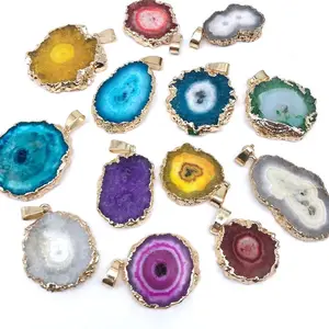 Metal Enclosing Crystal Geode Agate Slice Necklace Pendant For Decoration