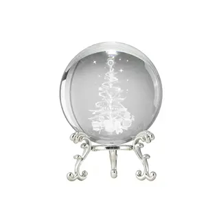 60mm Glass Sphere 3D Laser Engraved Christmas Tree Crystal Ball with Base Set Gift for Christmas