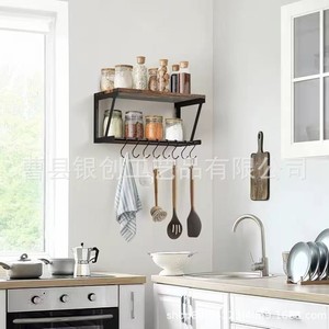 Wooden Wall Mounted Storage <b>Shelf</b> 2 Tier With <b>Hooks</b> For Bedroom Living Room Decoration - Product Image 4