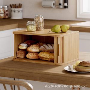 Boîte à pain en bambou Ruile, grande capacité, avec couvercle roulant, rangement sur comptoir, couleur bois naturel - Product Image 4