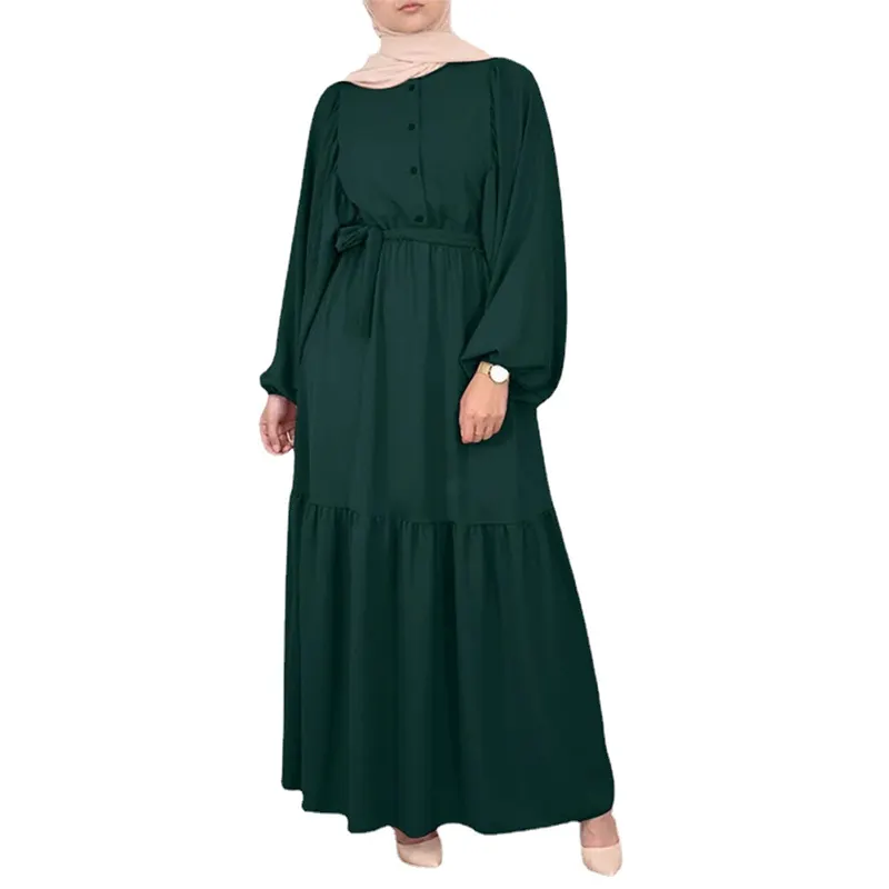 Abaya vestido caftán con cinturón árabe mujer Puff manga vestido islámico musulmán mujer camisa vestido elegante fiesta