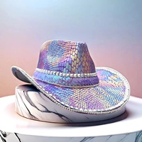 Chapeaux de fête pour femmes, style cowboy, à imprimé serpent irisé violet, ornés de paillettes et de clous, pour le Pride, les raves, les enterrements de vie de jeune fille et les festivals de musique, vente en gros